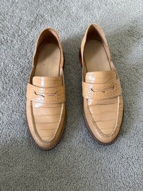 Freda Salvador Croc-Embossed Penny Loafers in Tan
